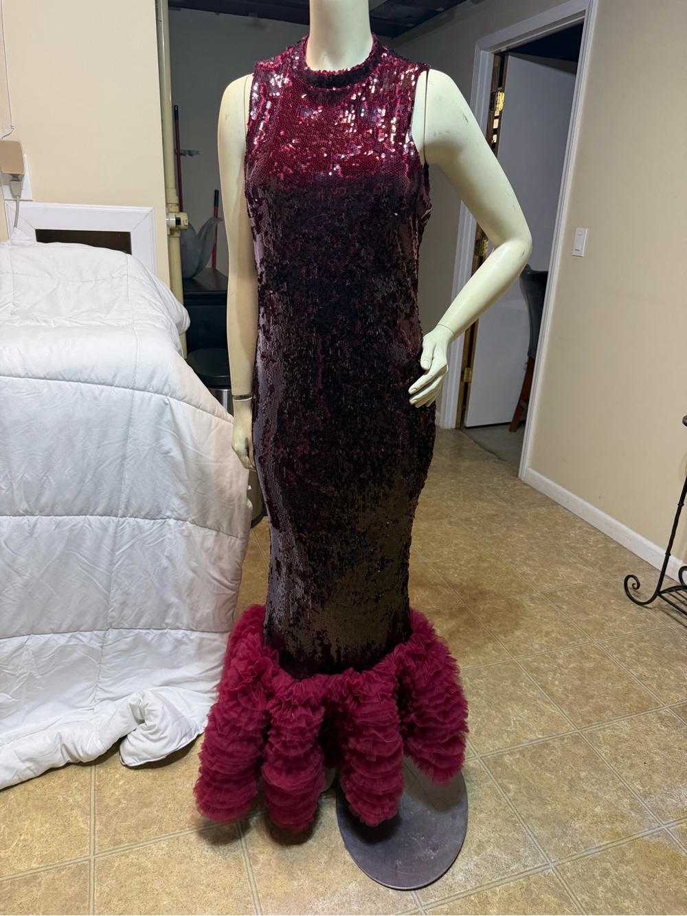 AKIRA Burgundy Sequin Column Gown with Magenta Feather Hem